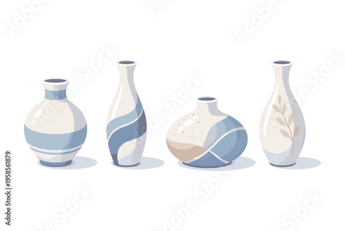 Collection of four decorative ceramic vases with abstract blue and beige patterns