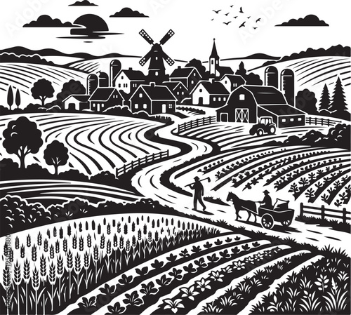 idyllic rural landscape with farmhouse, windmill, and fields, a serene countryside scene