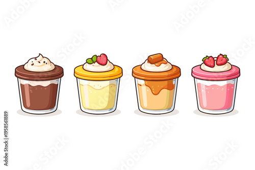 Collection of four delicious cartoon desserts in clear cups with toppings