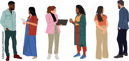Diverse creative professionals and young adults standing and talking in modern textured flat art style for startup community branding and lifestyle social media vector illustration
