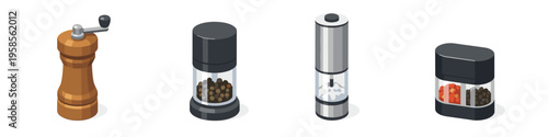 Collection of four different pepper grinders in isometric view