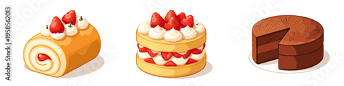 Assortment of three delicious cakes including a Swiss roll, strawberry cake, and chocolate cake