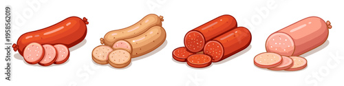 Assortment of sliced and whole sausages in a cartoon style illustration