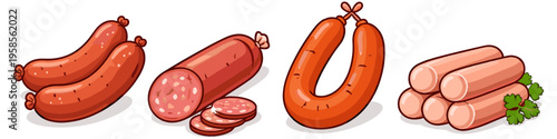 Assortment of delicious cartoon sausages and cured meats on a white background