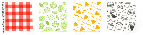 Collection of four distinct doodle patterns featuring food and picnic themes