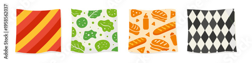 Collection of four distinct patterned fabric squares with food and geometric designs
