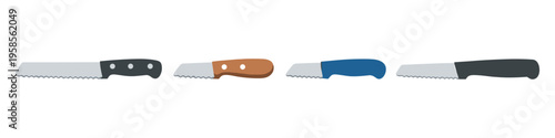 Collection of four serrated knives with different handle colors and materials