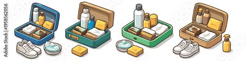 Collection of shoe cleaning kits with sneakers and toiletries for travel