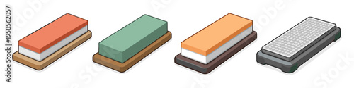 Collection of sharpening stones with different grits and colors on wooden bases
