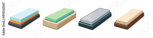 Collection of four different sharpening stones with bases, presented in isometric view