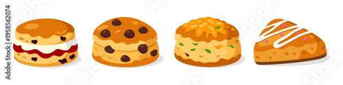 Collection of four delicious cartoon-style baked goods with various toppings