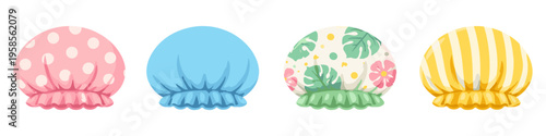 Collection of four colorful shower caps with different patterns and designs