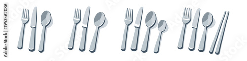 Collection of modern cutlery and chopsticks arranged in a row on white background
