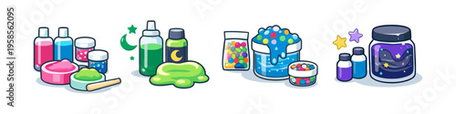 Collection of colorful slime making kits and ingredients for kids