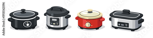 Collection of four different slow cookers and pressure cookers in various colors