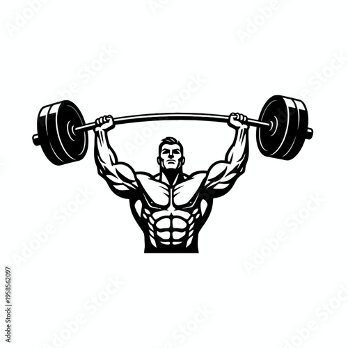 Muscular Bodybuilder Lifting Barbell Overhead Vector Illustration
