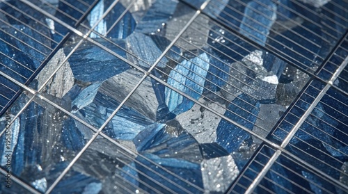 Close up of blue and gray polycrystalline solar panel cells with intricate metallic grid lines visible