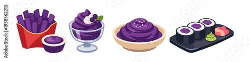 Assortment of purple food items including fries, dessert, and sushi
