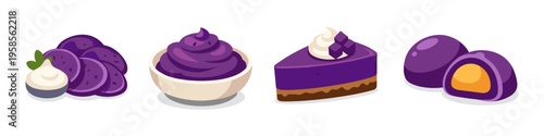 Assortment of purple sweet potato desserts and ingredients