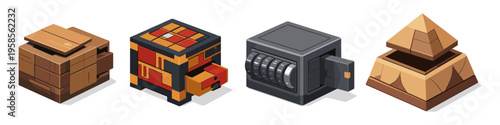 Collection of isometric chests and containers with different designs and materials