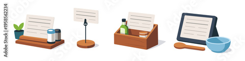 Collection of kitchen recipe displays and cooking tools in isometric view