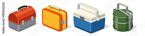 Collection of four vintage lunch boxes and coolers in isometric view