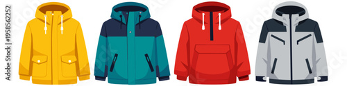 Collection of four colorful hooded jackets for outdoor activities