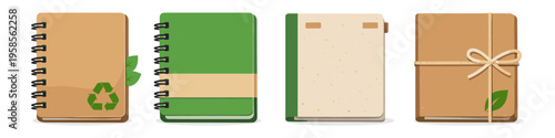 Collection of eco-friendly notebooks and journals with natural materials and symbols
