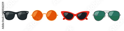 Collection of four distinct styles of sunglasses on a white background