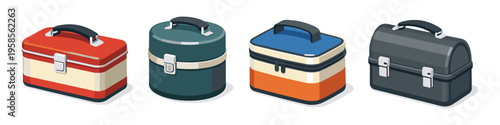 Collection of vintage lunch boxes in various colors and styles