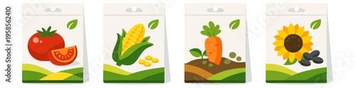 Collection of seed packets featuring tomato, corn, carrot, and sunflower illustrations