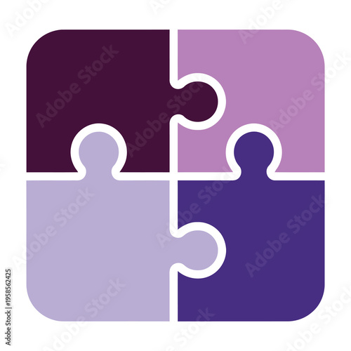 Four purple puzzle pieces fitting together seamlessly on white background symbolizing unity and collaboration in a harmonious shade of lavender and violet tones
