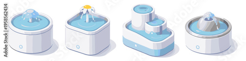 Collection of four modern pet drinking fountains with flowing water