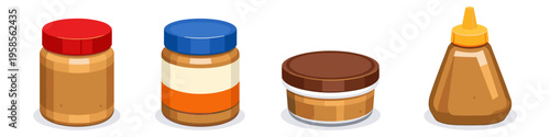 Assortment of peanut butter jars and containers with colorful lids