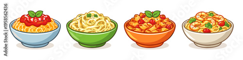 Four bowls of delicious pasta dishes with different toppings and garnishes
