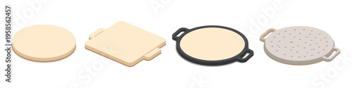 Collection of baking stones and pizza pans in isometric view