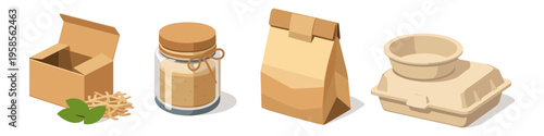 Eco-friendly packaging collection: box, jar, bag, and food container