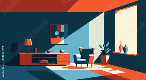 Modern living room interior vector illustration with armchair, lamp, and window light casting shadows, minimalist design