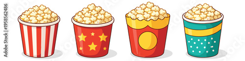 Collection of four cartoon popcorn buckets with different designs and patterns