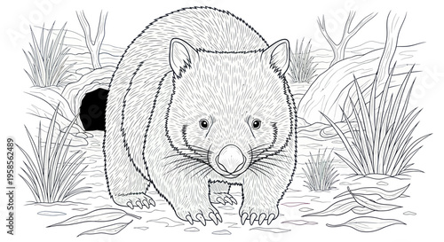 Wombat emerging from burrow, black and white line drawing, native Australian marsupial