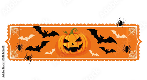 Halloween banner with pumpkin, bats, spiders, and webs
