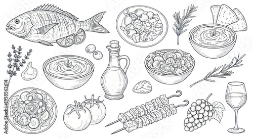 Hand-drawn Mediterranean Food Collection: Fish, Skewers, Dips, and Grapes