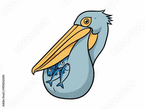 Pelican bird cartoon with fish in throat pouch isolated on white