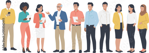 Diverse group of multi-generational business people and office workers standing with documents for corporate mentorship team leadership and professional workforce recruitment flat vector
