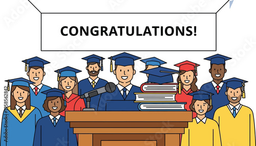 Diverse group of happy smiling graduates wearing academic regalia standing together behind a podium celebrating achievement