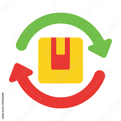 Gift box exchange symbol with red and green arrows indicating return and swap on white background