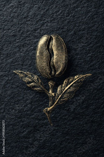 Bronze coffee bean sculpture with leaves on textured dark background, symbolizing quality