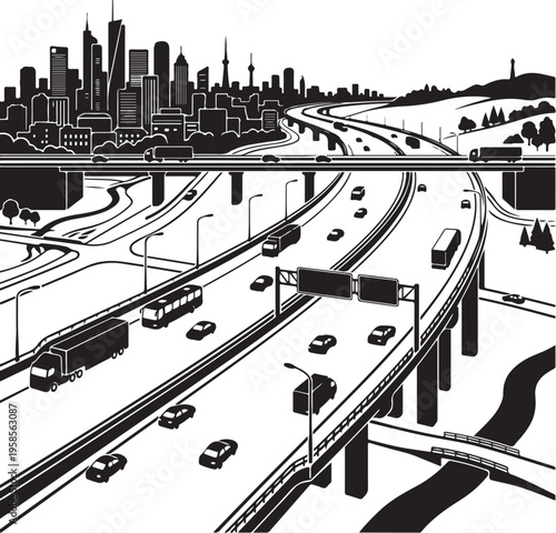 Black and white illustration of a busy highway interchange with city skyline in background at daytime