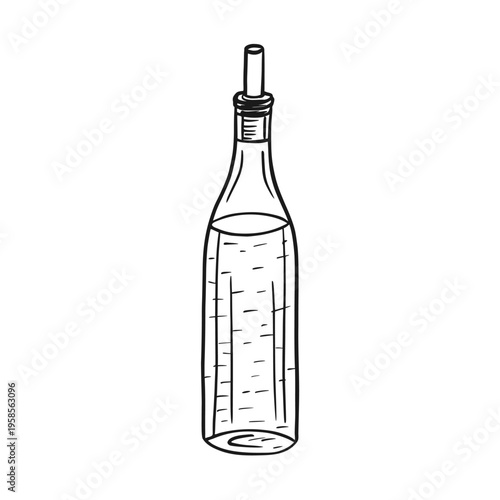 A tall, slender glass bottle containing a liquid or olive oil, topped with a dispenser spout. Sketch-style illustration, hand drawn line art vecto