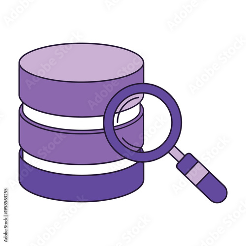 Purple database icon with magnifying glass inspection analysis concept on white background detailed illustration